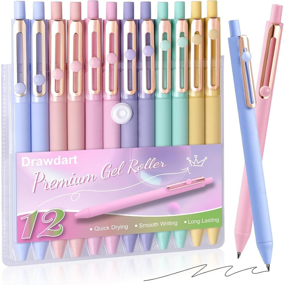 12 Pack Black Gel Pens 0.5mm Fine Point Quick Dry No Smudge Cute Gold Clip